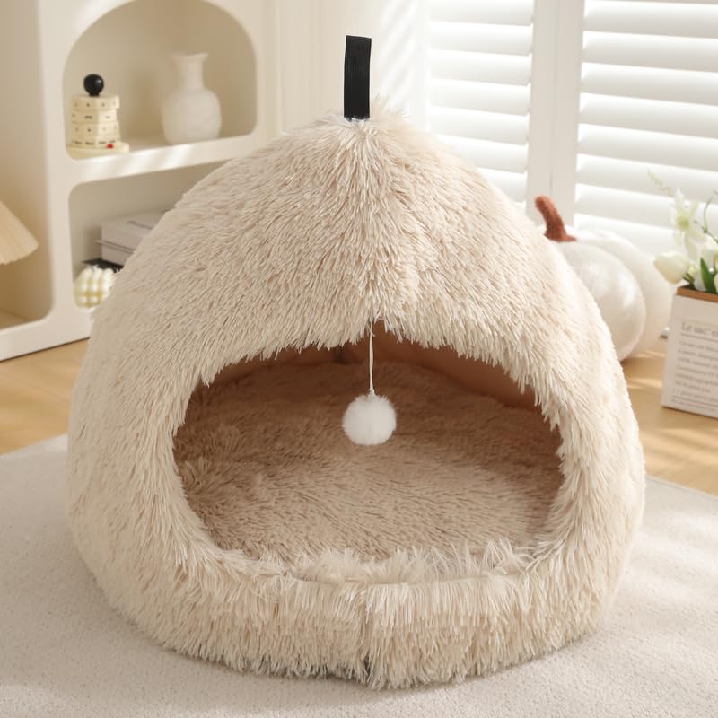 Photo 1 of Hezotco Extra Large 24.8 in Cat Bed for Indoor Cats, Soft Fluff Indoor Dog House &Cat Cave for Small Dogs. Pet House for Puppy with Cat Teasing Ball (Light Brown)