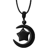 MINACHI Gothic Black Obsidian Moon Star Pendant Necklace with Braided Cord, Goth Celestial Jewelry Gift for Men and Women