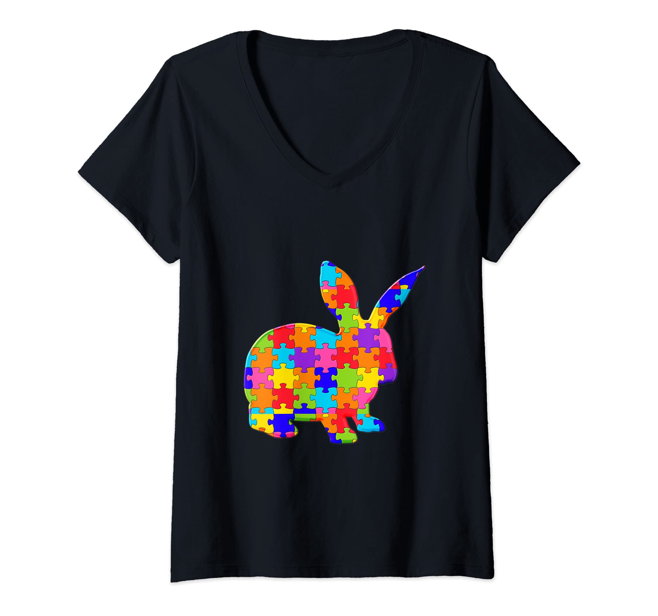 Womens Rabbit bunny Easter Jigsaw Autism Puzzle V-Neck T-Shirt