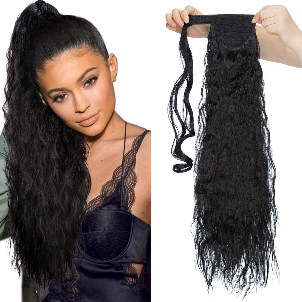 26 Inch One Piece Curly Wrap Around Ponytail Hair Extension Synthetic Magic Yaki Ponytail Corn Wave Ponytail - Dark Black
