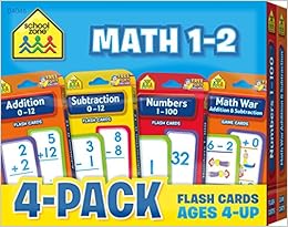 School Zone - Math 1-2 Flash Card 4-Pack - Ages 4 and Up, Addition, Subtraction, Numbers 1-100, and More (Flash Card 4-pk), by School Zone Staff