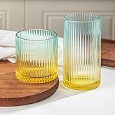 Lumkit Ribbed Drinking Glasses 8pcs, 12oz and 10oz Glassware, Tumbler Glasses Cup Set for Wedding, Party, Christmas Gift, Golden Green