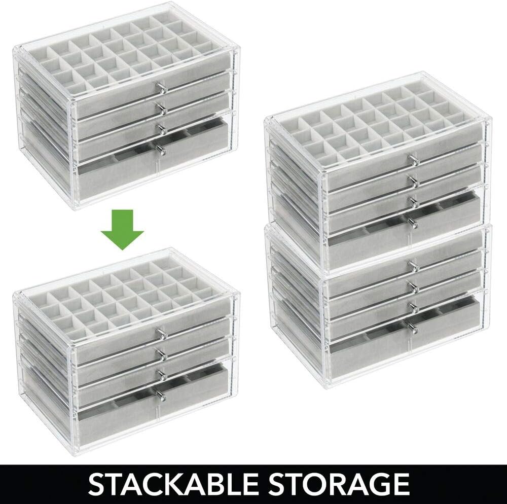 mDesign Plastic 4-Drawer Jewelry Box - Removable Divided Organizer Trays for Storage on Dresser, Vanity, Countertop - Holds Earrings, Bracelets, Necklaces, Bangles, Rings - Clear/Gray: Home & Kitchen