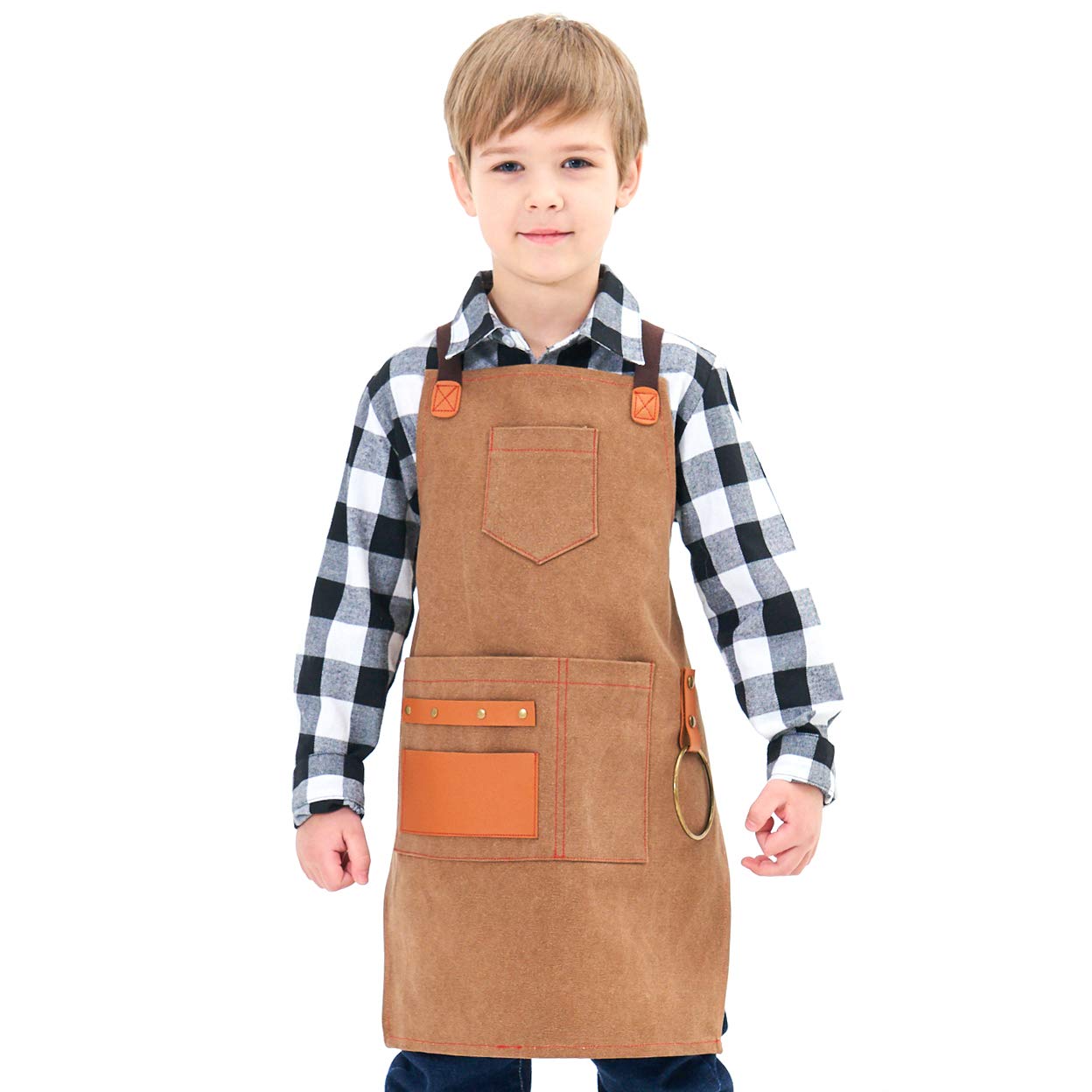 NEOVIVA Work Apron with Pockets, Woodworking Aprons for Kids, Canvas Tools Apron Adjustable M to XXXL Cross Back for Barber, Kitchen, Garden, Pottery, Garage, Craft Workshop, School, Golden Rod