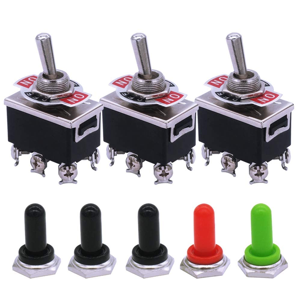 mxuteuk 3pcs Heavy Duty Rocker Toggle Switch 15A 250V DPDT ON/OFF/ON 6 Terminal 3 Position + 5pcs Metal Knob Cover Cap Waterproof, 2 Years Warranty Ten-1322-5mz-B203