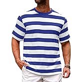 Runcati Mens Short Sleeve T-Shirts Striped Casual Crewneck Basic Shirt Color Block Stretch Summer Beach Tees
