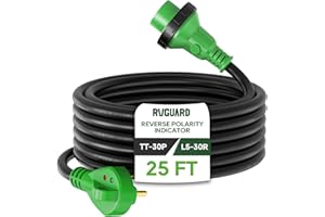 RVGUARD 30 Amp 25 Foot RV Power Cord with Reverse Polarity Indicator, Heavy Duty STW Cord with Cord Organizer, 30 Amp Male Standard to 30 Amp Female Locking Connector, Green, ETL Listed