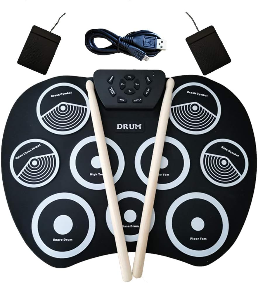 Elisson 1992 Portable Electronic Drum Set, USB Power 9 Pad Foldable Practise Digital Drum Kit Musical Instrument Entertainment for Kids Beginners (Headphone/Speaker Required for Use)