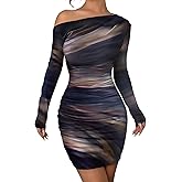 Women's Long Sleeve Bodycon Mini Dress Tie Dye Print Slim Fit Asymmetrical Neck Elegant Formal Ruched Short Dresses