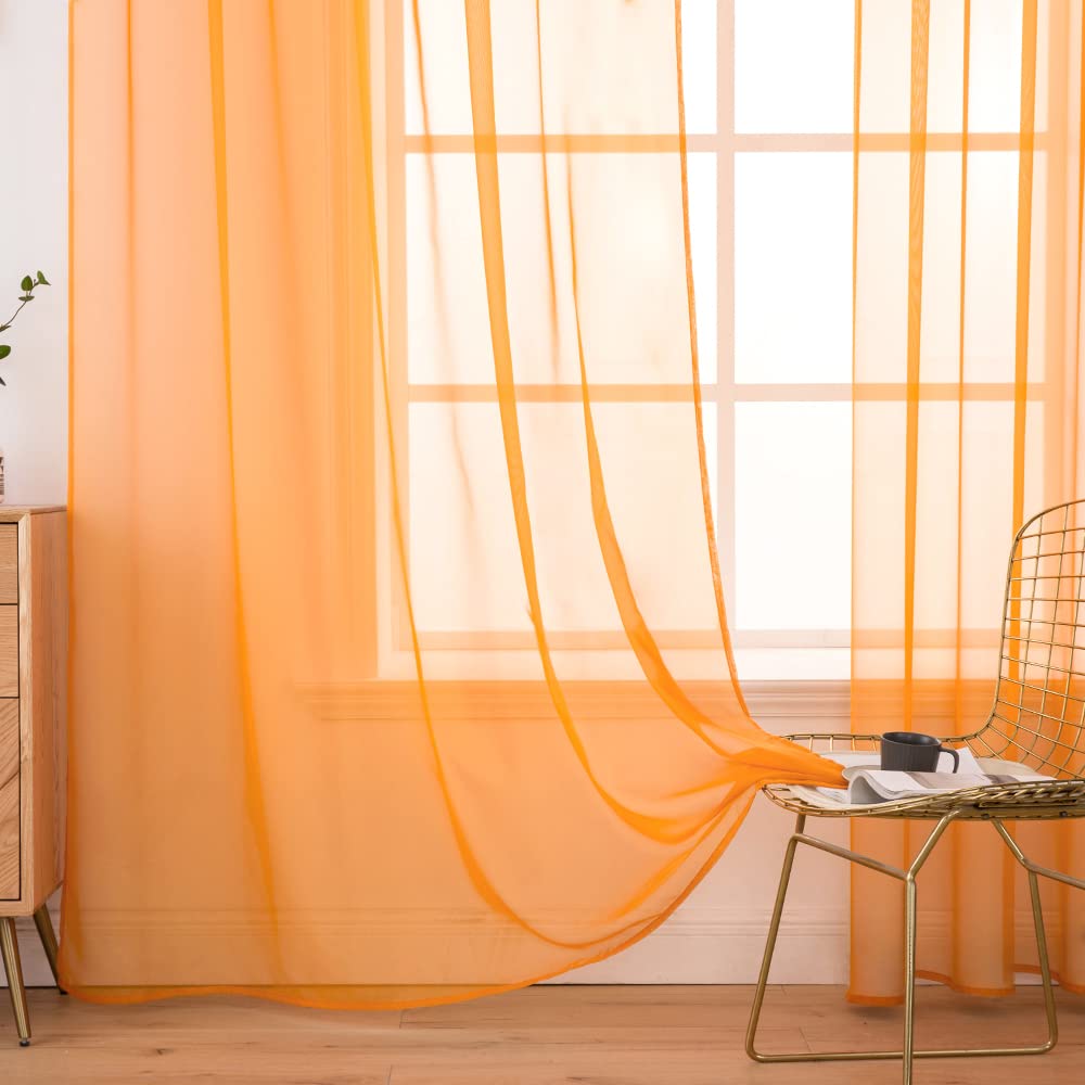 MIULEE 2 Panels Solid Color Sheer Window Curtains Smooth Elegant Window Voile Panels/Drapes/Treatment for Bedroom Living Room Orange 55" Wx110 L, Rod Pocket