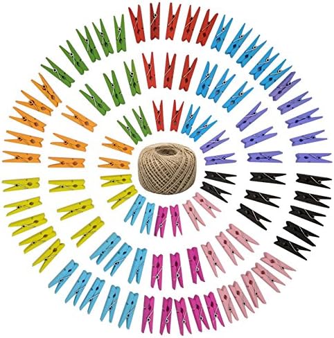 Micent 100 Pieces Mini Colored Natural Wooden Clothespins Photo Paper Peg Pin Craft Clips with 164 feet Jute Twine for Home Arts Crafts Decor (Colorful)