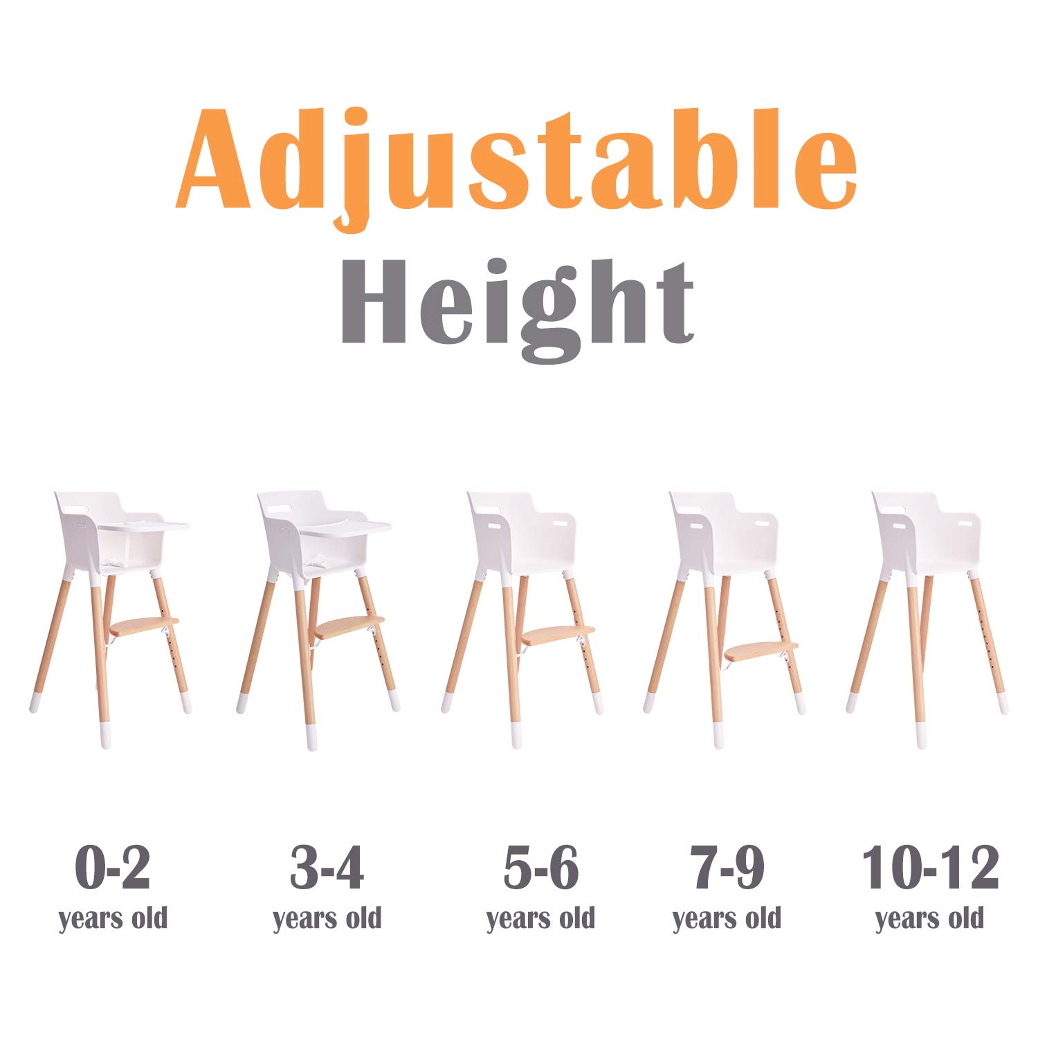 Baby High Chair, Wooden High Chair with Removable Tray and Adjustable Legs for Baby/Infants/Toddlers