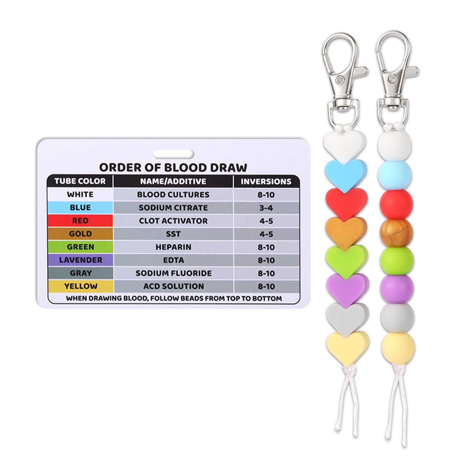 2pcs Order of Blood Draw Beads with Reference Card, Badge Reel Accessories Vertical Badge Card Phlebotomy Essential Nursing Supplies Badge Buddy for Work School Hospital Student Nurse Graduation Gift