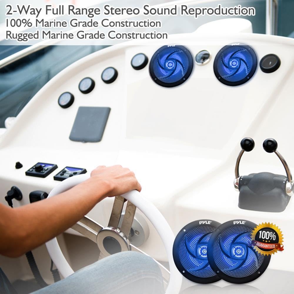 Pyle Marine Speakers - 5.25 Inch 2 Way Waterproof and Weather Resistant Outdoor Audio Stereo Sound System with LED Lights, 180 Watt Power and Low Profile Slim Style - 1 Pair - PLMRS53BL (Black)