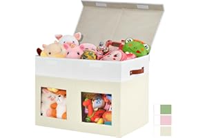 Oterri Toy Box, Collapsible Storage Bins with Lids, Toy Storage with Visible Large Windows & Leather Handles, Toy Chest Storage Organizer Boxes for Living Room Area,Playroom (Beige)