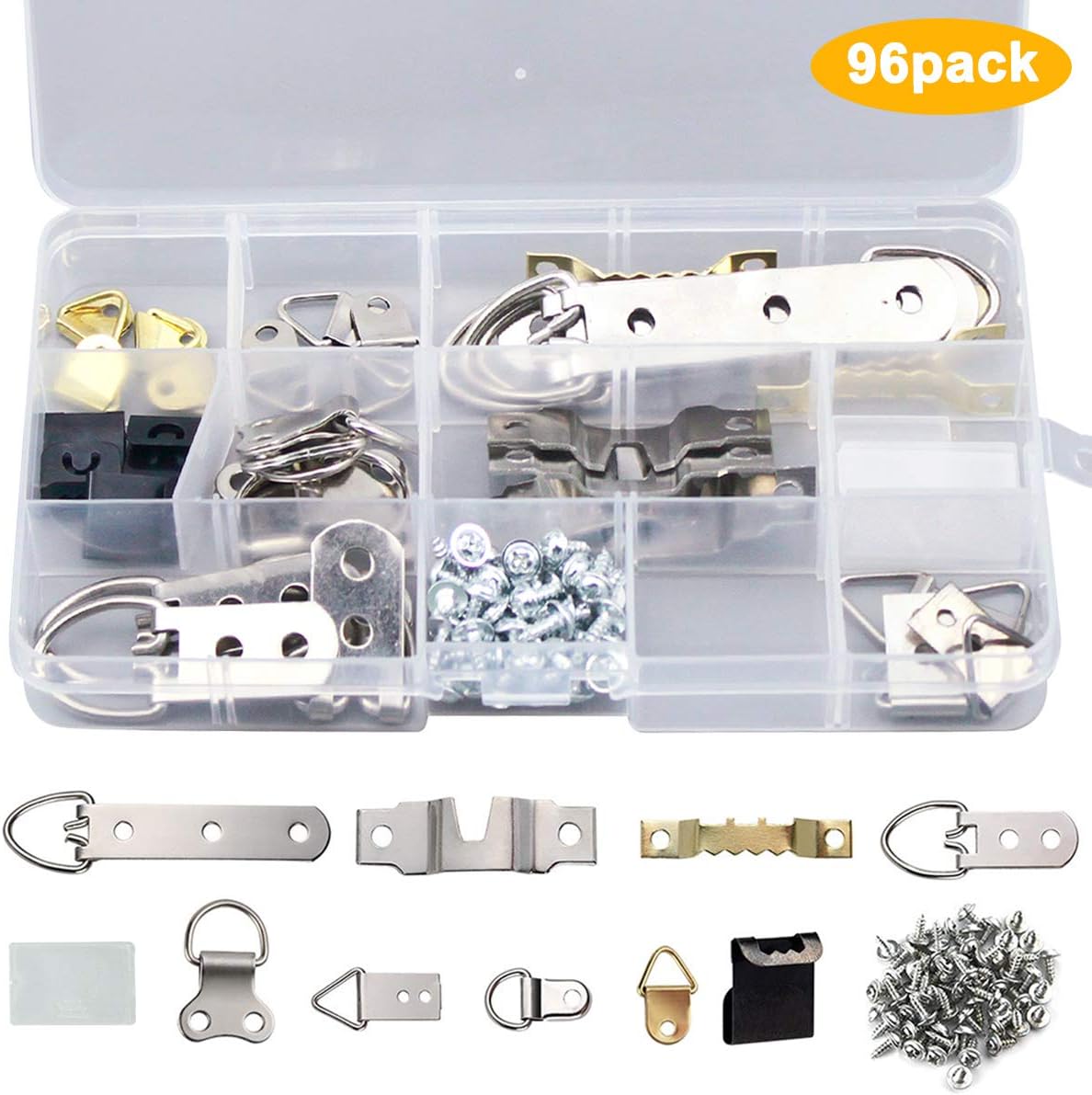 NATUCE 96 PCS Photo Picture Frame Hanging Hooks Kit, 9 Models Heavy Photo Hangers, Wall Picture Hanging Kits with Screws-Gold and Silver