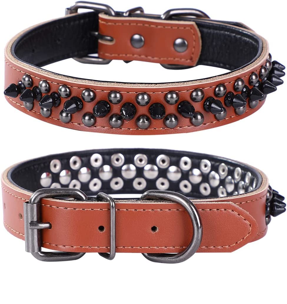 haoyueer Spiked Studded Dog Collar, Genuine Leather Dog Collar, Adjustable Pet Collars for Medium Large Bulldog Pitbull Mastiff Poodle Boxer (S, Brown-1)