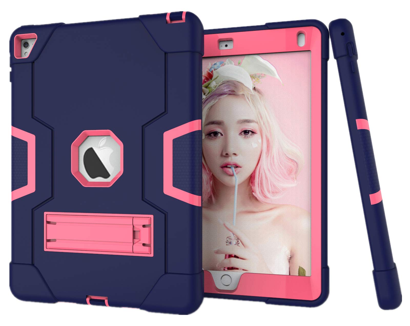 HyFone Case for iPad Air 2, iPad Pro 9.7" - Rugged Sturdy Shockproof Heavy Duty Durable Full Body Protective Kickstand Cover Case for iPad A1566 A1567 A1673 A1674 A1675 - [NavyBlue/RoseRed]