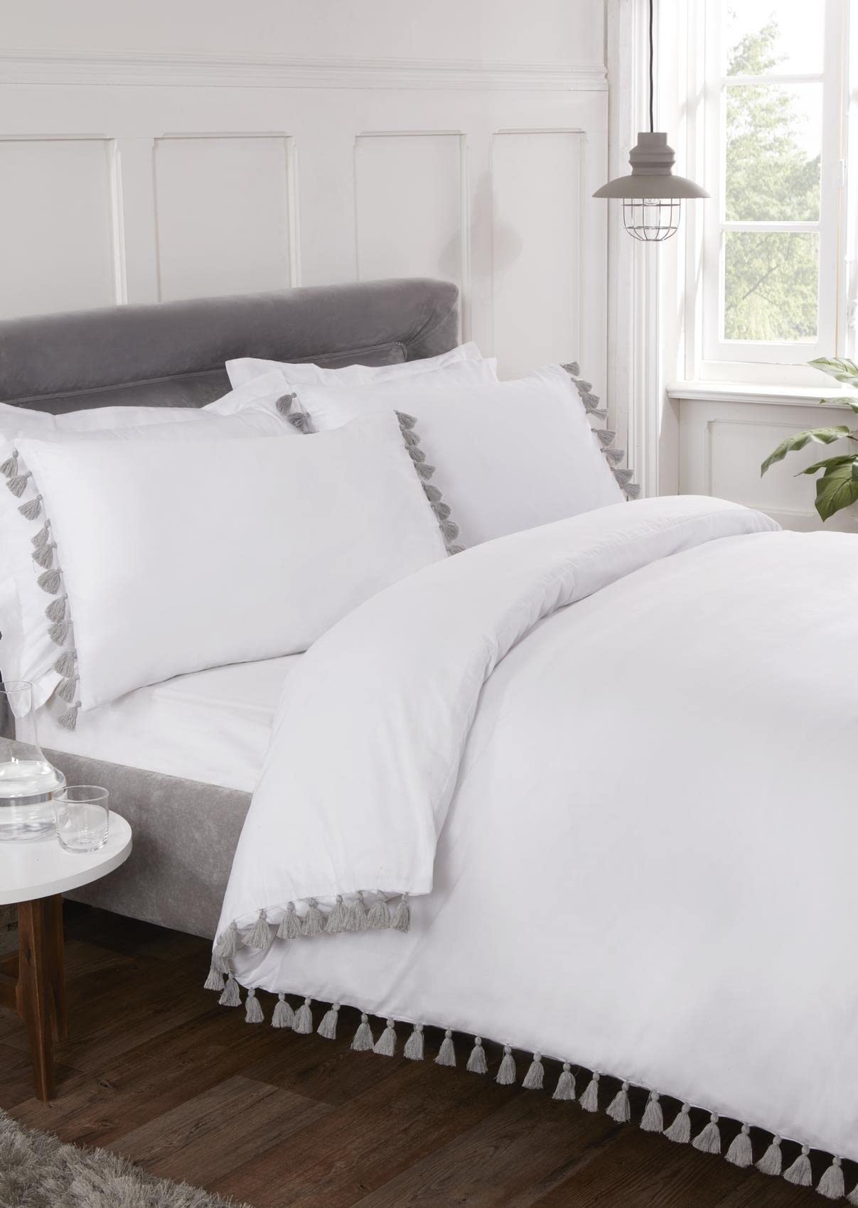 Rapport Tassel Duvet Cover Bed Set, White, King, TASSEL-KING-WHIT