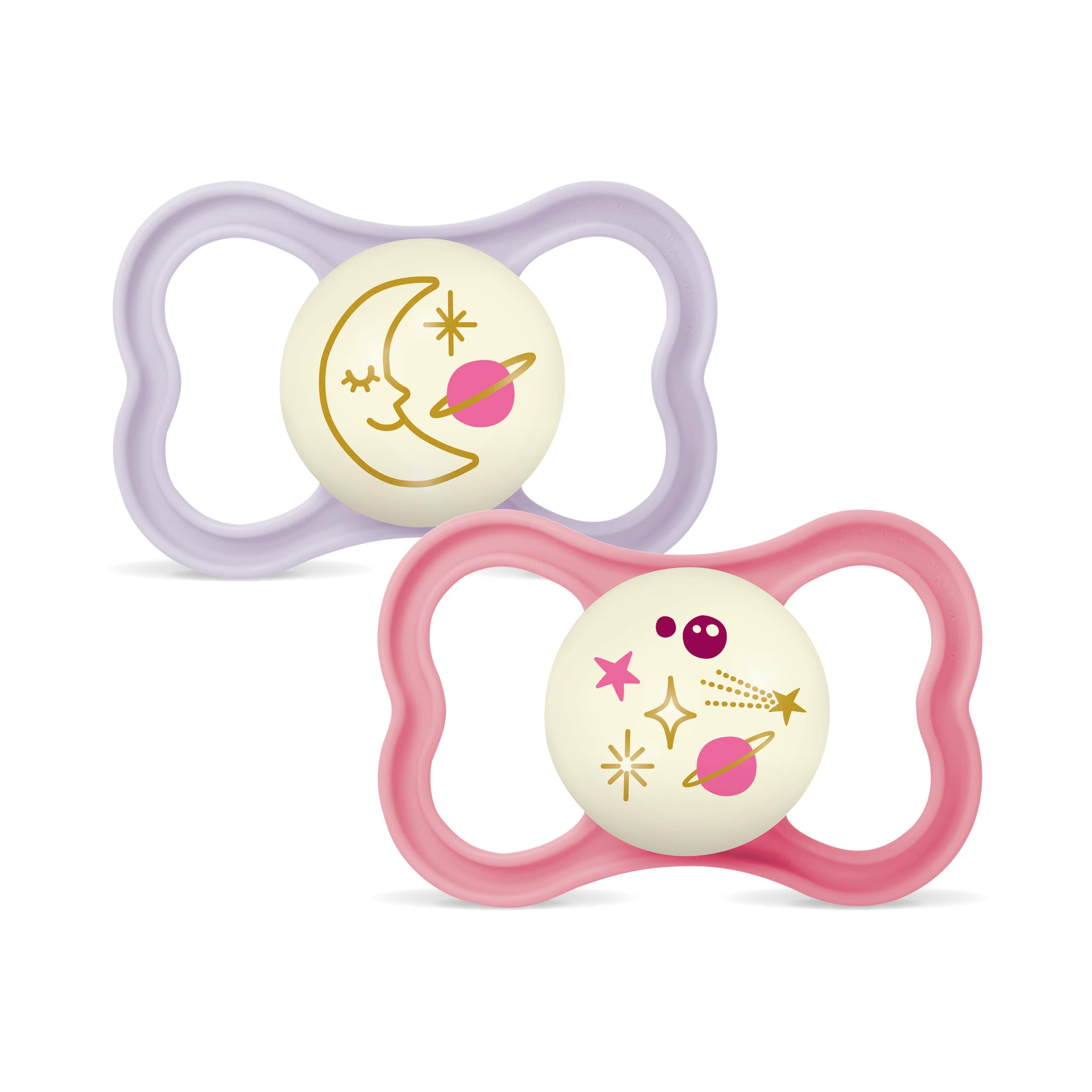 MAM Pacifier with Ventilated Shield that Glows in the Dark, from 16 Months, with Symmetrical, Flat and Flexible Teat for Easy Acceptance, with Self-Sterilizing Box, Air, Matte Pink, Pack of 2