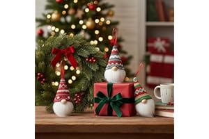 Knitted Gnome Christmas Ornaments, 3-Pack Hanging Scandinavian Tomte Decorations with Faux Fur Beard, Festive Knit Hats for T