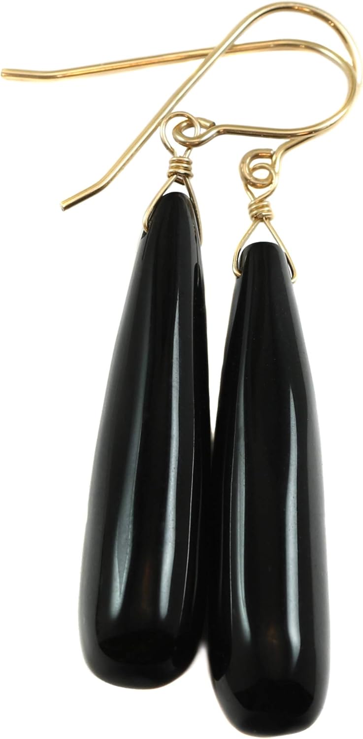 14k Yellow Gold Black Onyx Earrings Smooth Rounded Narrow