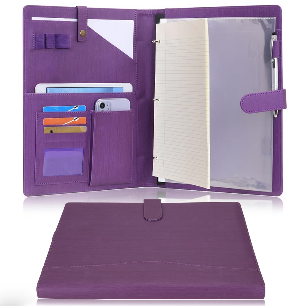 Wonderpool A4 PU Leather Portfolio Holder Ring File Document Case with Removable Binder Clipboard, Multi Pocket and Legal Pad for Business Organizer Interview and Meeting (Purple)