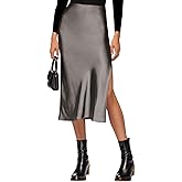 VividHarbor Satin High Waisted Midi Skirt Elastic Waistband Side Slit A Line Wedding Casual Skirts for Women