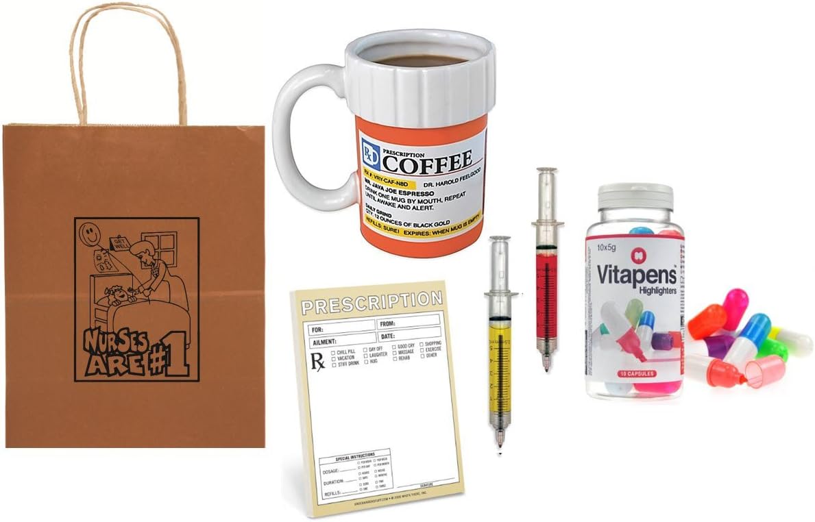 Nurse Prescription Mug, Syringe Pens, Pill Highlighters & Prescription Note Pad Nurses Gift Bundle