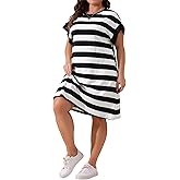 Agnes Orinda Plus Size Tunic Dress for Women 2026 Summer Short Sleeve Striped Casual t Shirt Dress