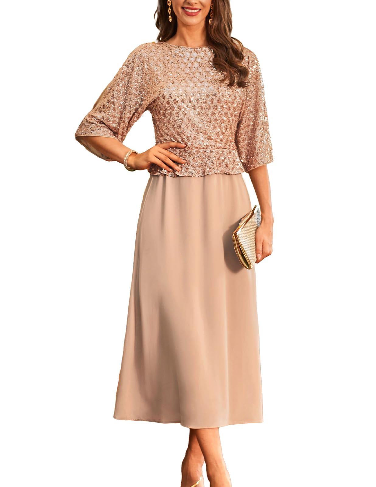 Photo 1 of GRACE KARIN Mother of Bride Dresses 2025, 3/4 Sleeve Sequin Dress Maxi, Elegant Wedding Guest Dress Formal Cocktail Champagne Gold Size M