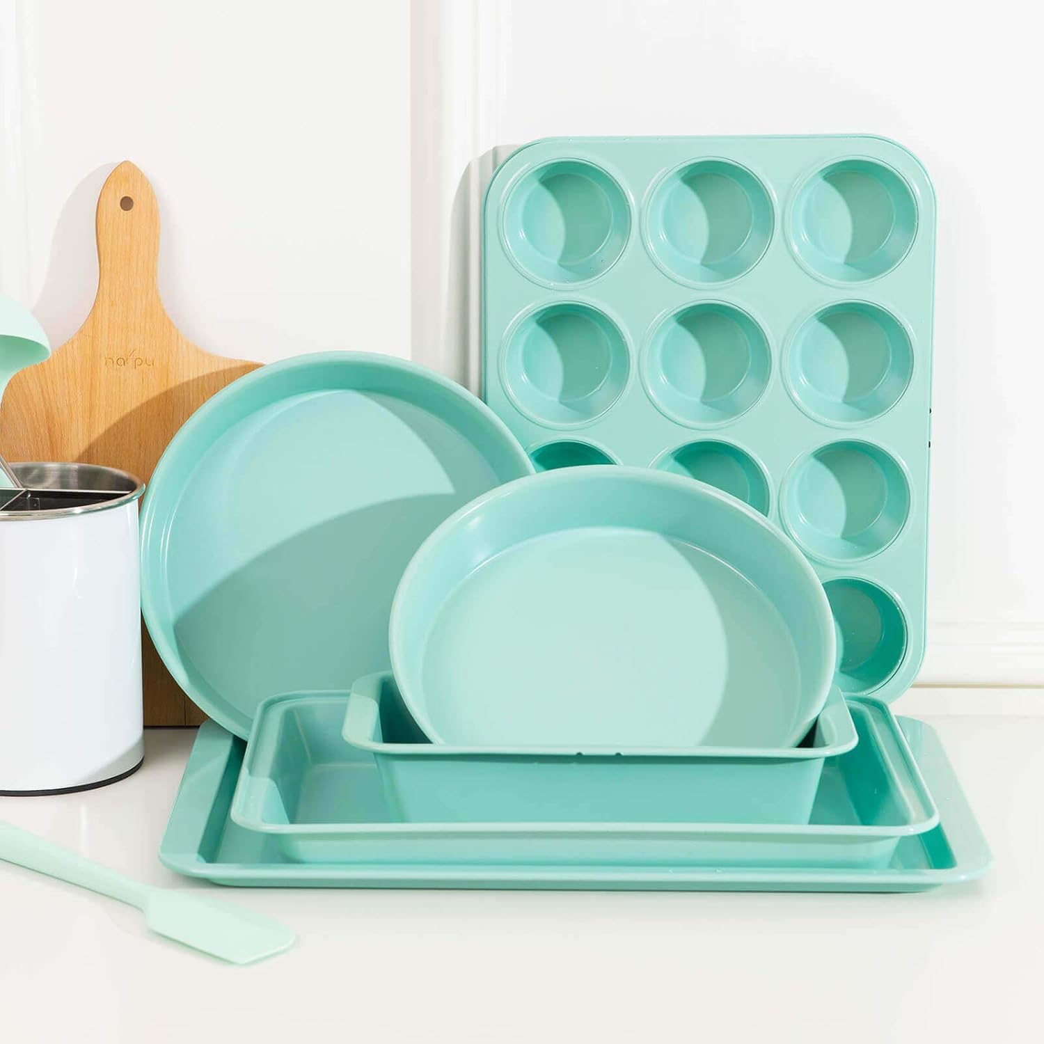 Rorence Bakeware Set Nonstick: Cookie Sheet, Rectangular Cake Pan, 2 Round Cake Pans, Muffin Pan, Loaf Pan & Cooling Rack - Set of 7 - Mint Green: Kitchen & Dining