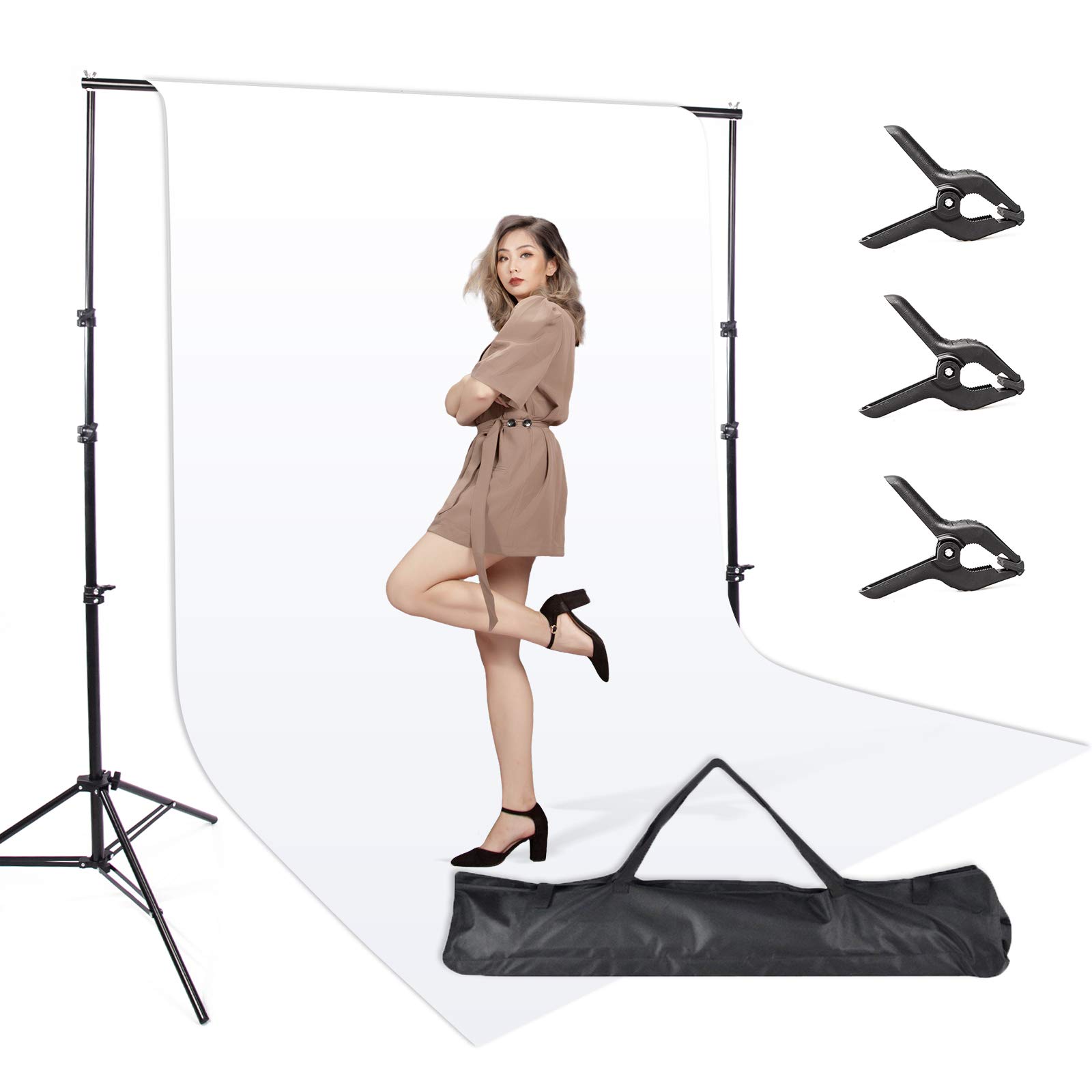 Photography White Backdrop With Stand Kit - 3x2.5m Stand, 1.8x2.7m Cotton Muslin Screen Background, Carry Bag for Portrait Product Photography Video Shooting