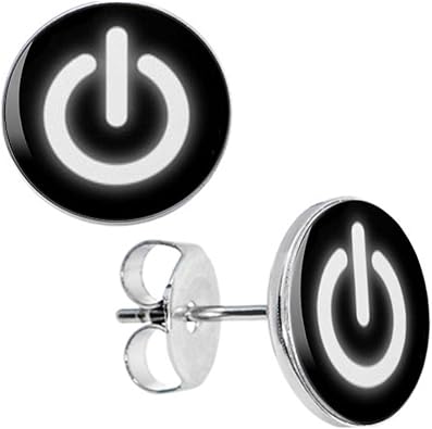 10mm Symbole Bouton Power On Off Blanc Boucles Doreille Clous Geek Acier Inoxydable Cameleon Shop