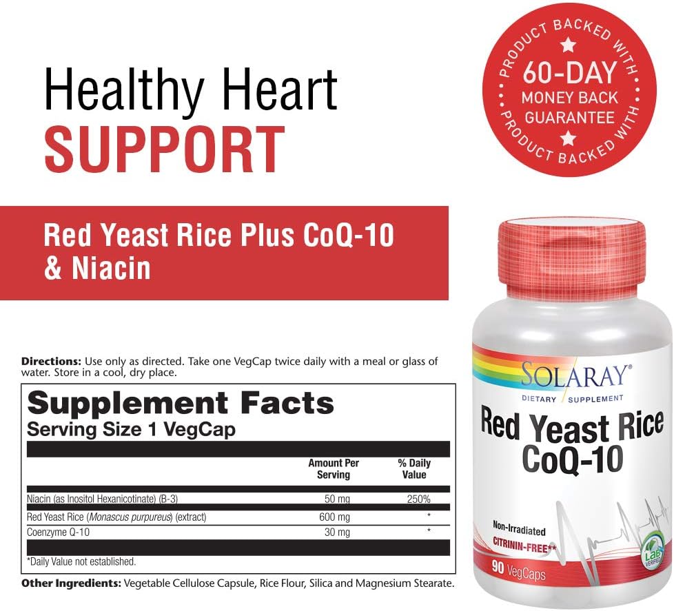 Solaray Red Yeast Rice Plus CoQ-10 | with Niacin for Added Cardiovascular Health Support | Non-Irradiated & No Citrinin | 90 Vegetarian Capsules: Health & Personal Care