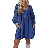 utcoco Women 2025 Trendy Casual Square Neck Denim Dress Tie Back Puff Sleeve Jean Mini Dress with Pockets