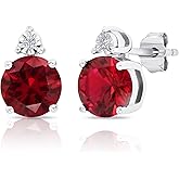 Gemstone and Diamond Accent Halo Round Stud Earrings for Women in 925 Sterling Silver 7mm Birthstone with Push Backs by MAX + STONE