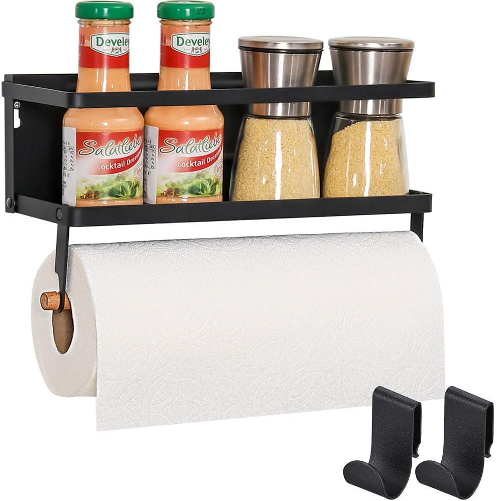 Fridge Spice Rack, Magnetic Shelf with Paper Towel Holder Single Tier Kitchen Refrigerator Storage Rack (Black)