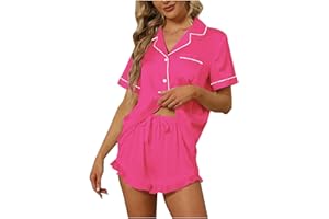 FAVIPT Satin Pajama Set For Women Soft Two Piece Pj Sets Short Sleeve Silk Button Down Shirts Shorts Casual Loungewear Set