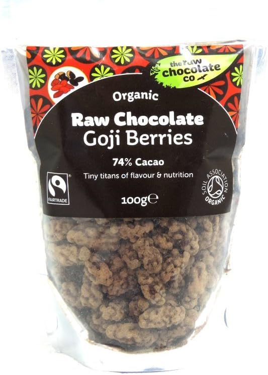 The Raw Chocolate Company Limited Goji berries covered with organic raw chocolate and dusted with organic raw cacao powder 100g