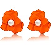 Floral Stud Earrings Chunky Flower Pearl Earrings for Women, Statement Colorful Orange Yellow Resin Flower Jewelry for Spring