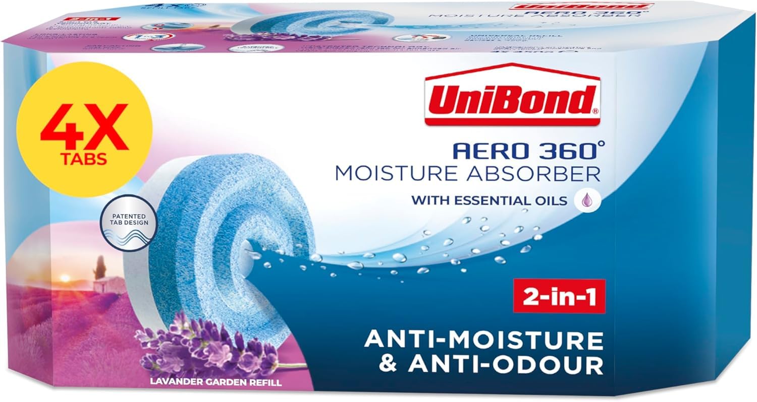 UniBond AERO 360° Moisture Absorber Lavender Refill Tab, aromatherapy, ultra-absorbent and odour-neutralising, for AERO 360° Dehumidifier, Condensation Absorbers, 4 Pack (4 x 450g)