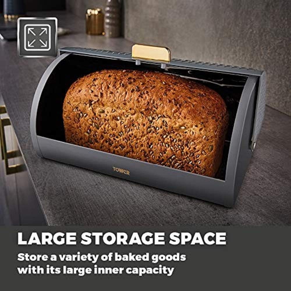 Tower T826090GRY Empire Roll Top Bread Bin, Stainless Steel, Grey and Brass, One Size - Image 5