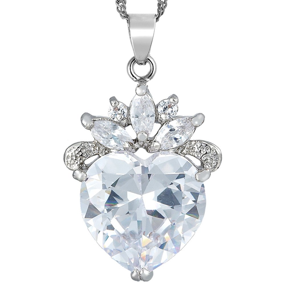 RIZILIA Ocean Heart Pendant with 45cm(18") Chain & Heart Cut Gemstones CZ [White Topaz] in 18K White Gold Plated, Simple Modern Elegance