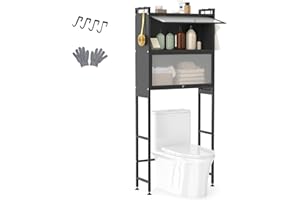 IFANNY Metal Over the Toilet Storage Cabinet with Flip-up PC Doors, Space Saver Above Toilet Bathroom Stand Organizer w/4 Hoo