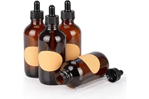 stonylab Amber Glass Dropper Bottle 120ml (4 oz) 4 Pack, Brown Empty Glass Bottle with Glass Dropper and Label for Essential 