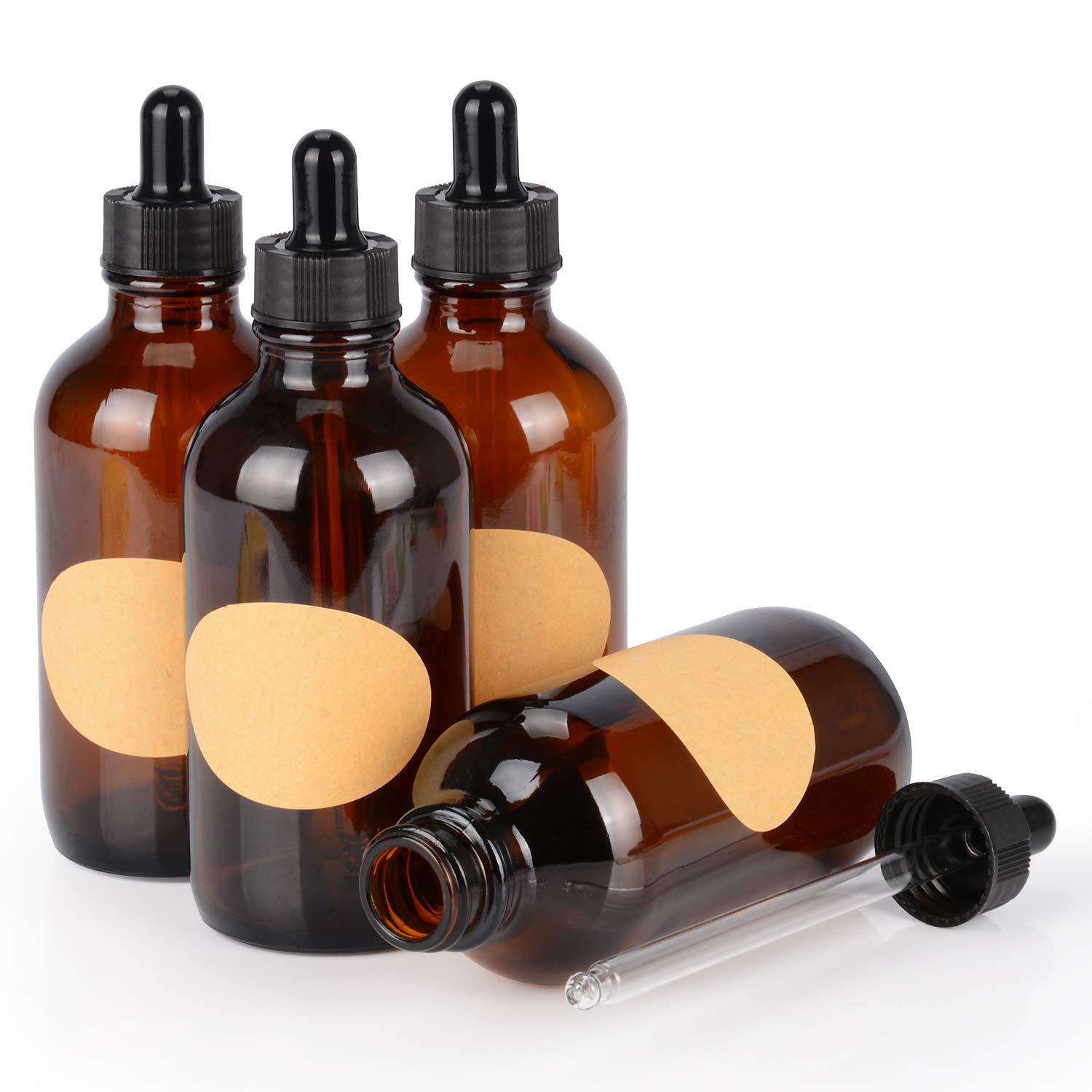 stonylab 4-Pack Glass Dropper Bottle, Empty Bottle with Glass Dropper, Inner Plug and Label for Laboratory Solutions (120 ml, Brown)