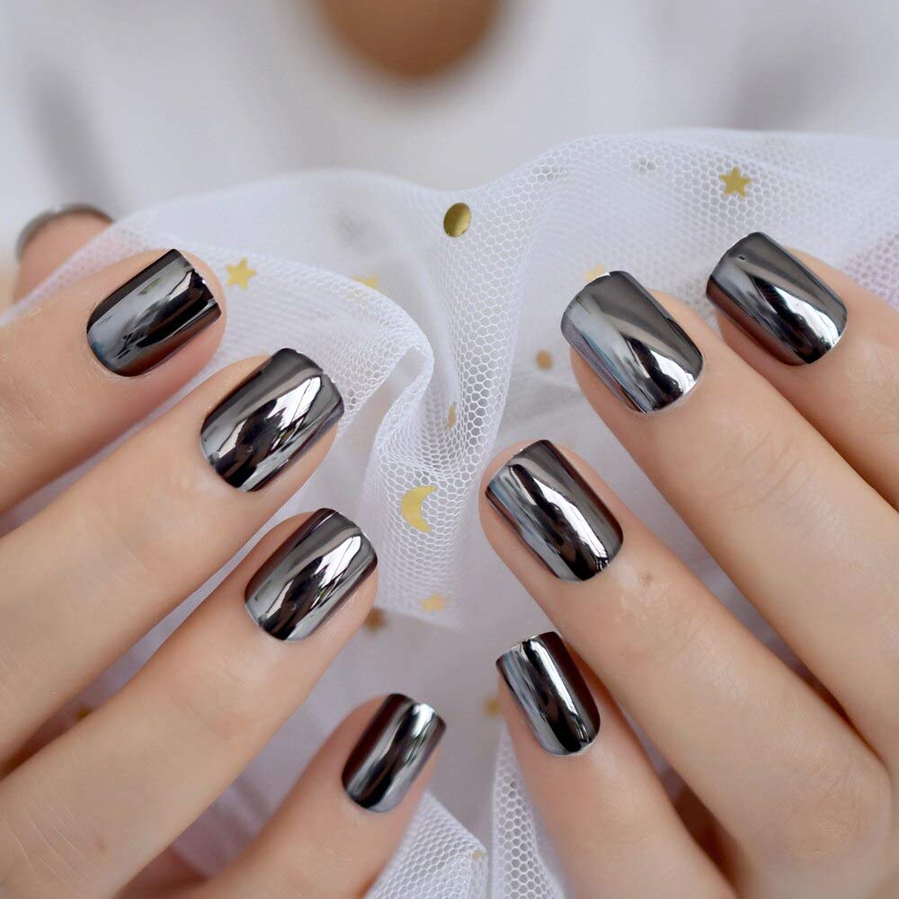 Coolnail Dark Smoky Gray Reflective Mirror Metal Plating False French Acrylic Nail Tips Punk Metallic Square Fake Nails With Glue Sticker - Image 4