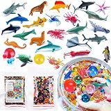 Ocean Sea Animals, Include 24 PCS Mini Sea Animals Toys, 2 Packs Crystal Water Beads, 6 PCS Balloons, Colorful Realistic Sea Life Figures with Rainbow Growing Beads, Sensory Toy Set, Party Favors