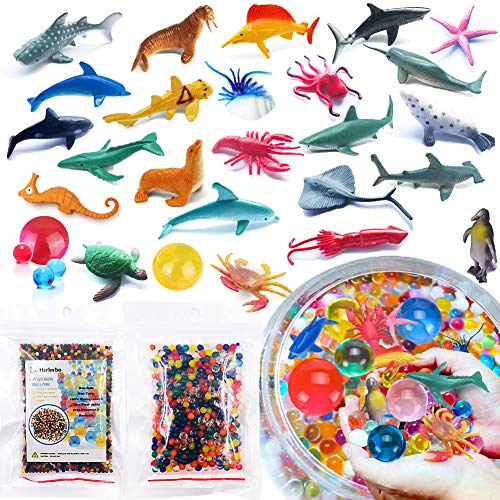 Ocean Sea Animals, Include 24 PCS Mini Sea Animals Toys, 2 Packs Crystal Water Beads, 6 PCS Balloons, Colorful Realistic Sea Life Figures with Rainbow Growing Beads, Sensory Toy Set, Party Favors